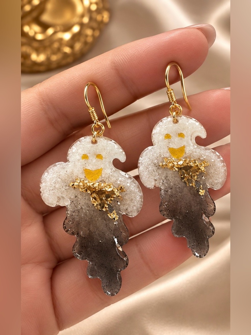 One of a Kind Handmade Ghost Earrings Gold Flake Halloween Dangle Earrings
